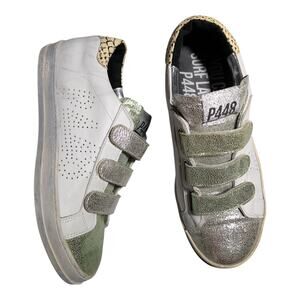 P448 John Green Silver Metallic White Leather Hook and Loop Sneakers 40 9.5